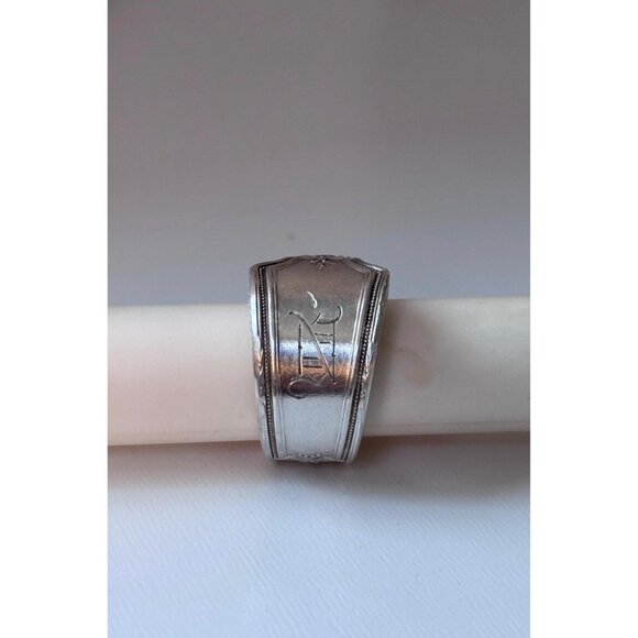 Handmade Antique Silver Plated Spoon Ring: Monogram “N” “Ancestral”, Size 10.5 - Picture 2 of 8